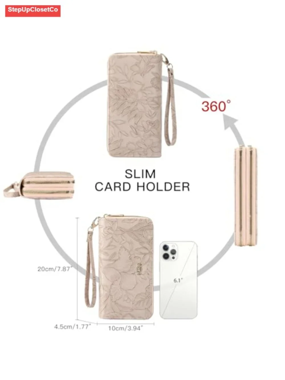 RFID Blocking PU Leather Wristlet Wallet with Detachable Strap Double Zipper